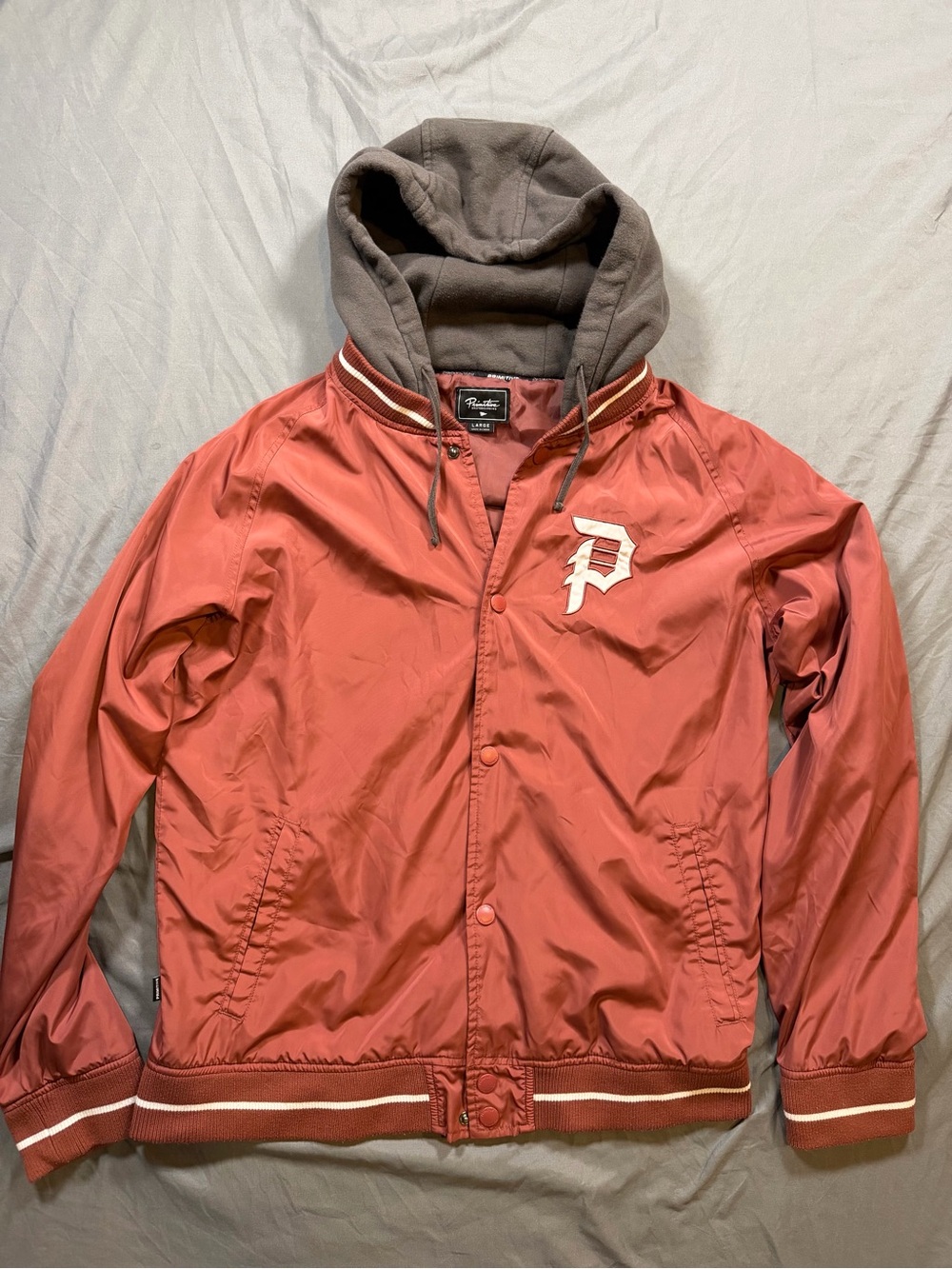 Primitive Red Bomber Jacket with Gray Hood
